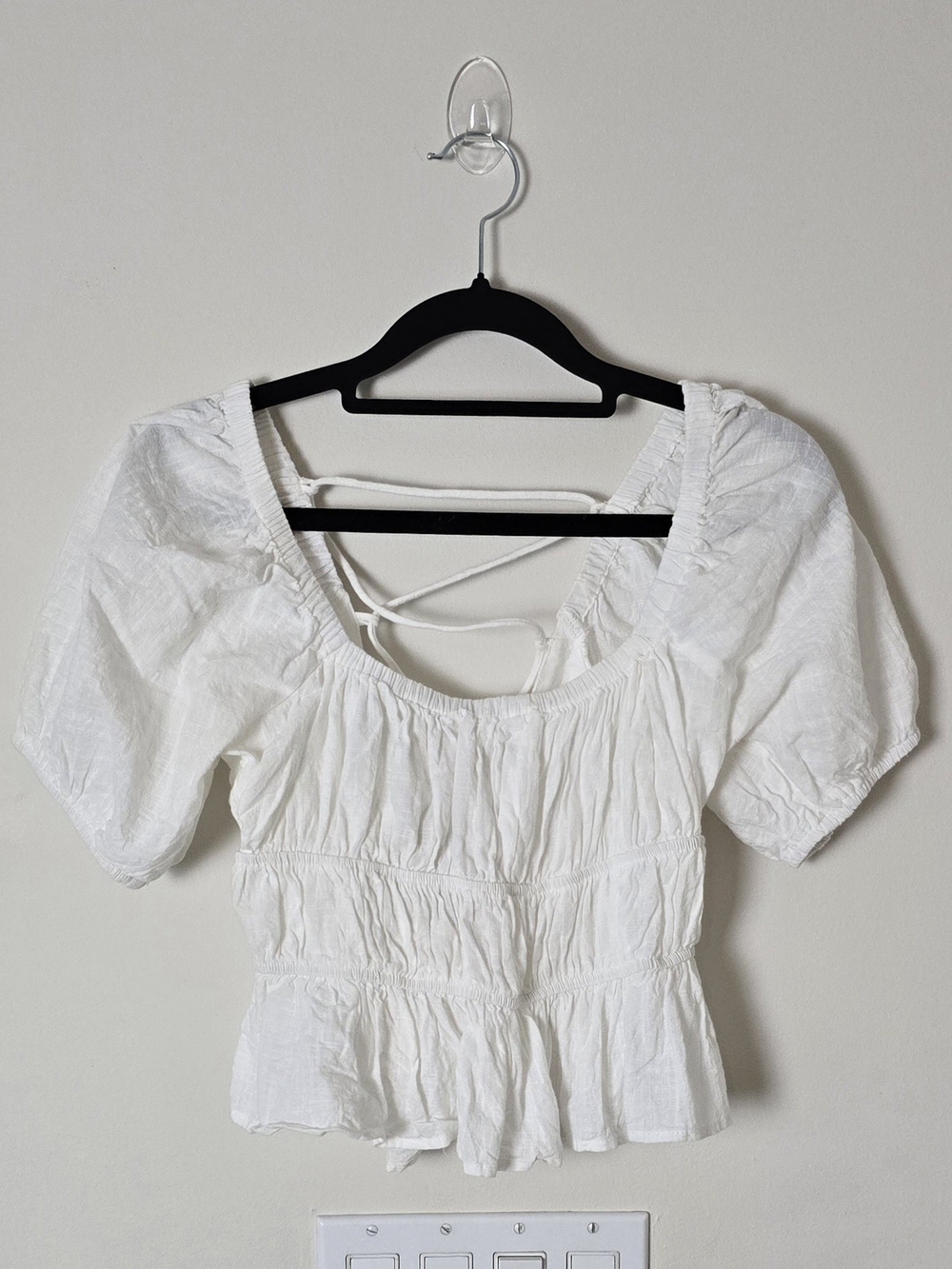 By Together White Square Neck Smocked Puff Sleeve Peplum Blouse Cotton/Linen (S)